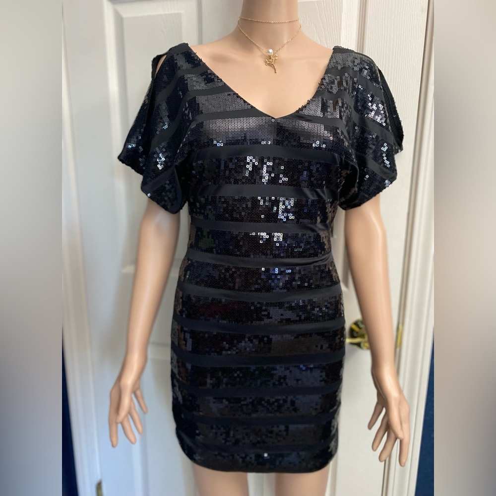 As U Wish Black Sequin Flutter Sleeve Mini Dress
